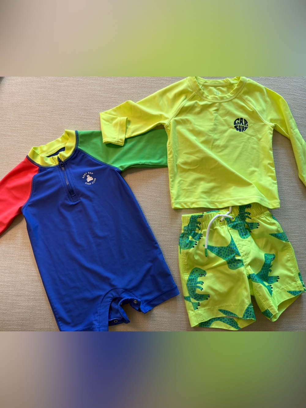 GAP Baby 18-24 months Blue, Neon Yellow & Red Colorblock Rashguard Set